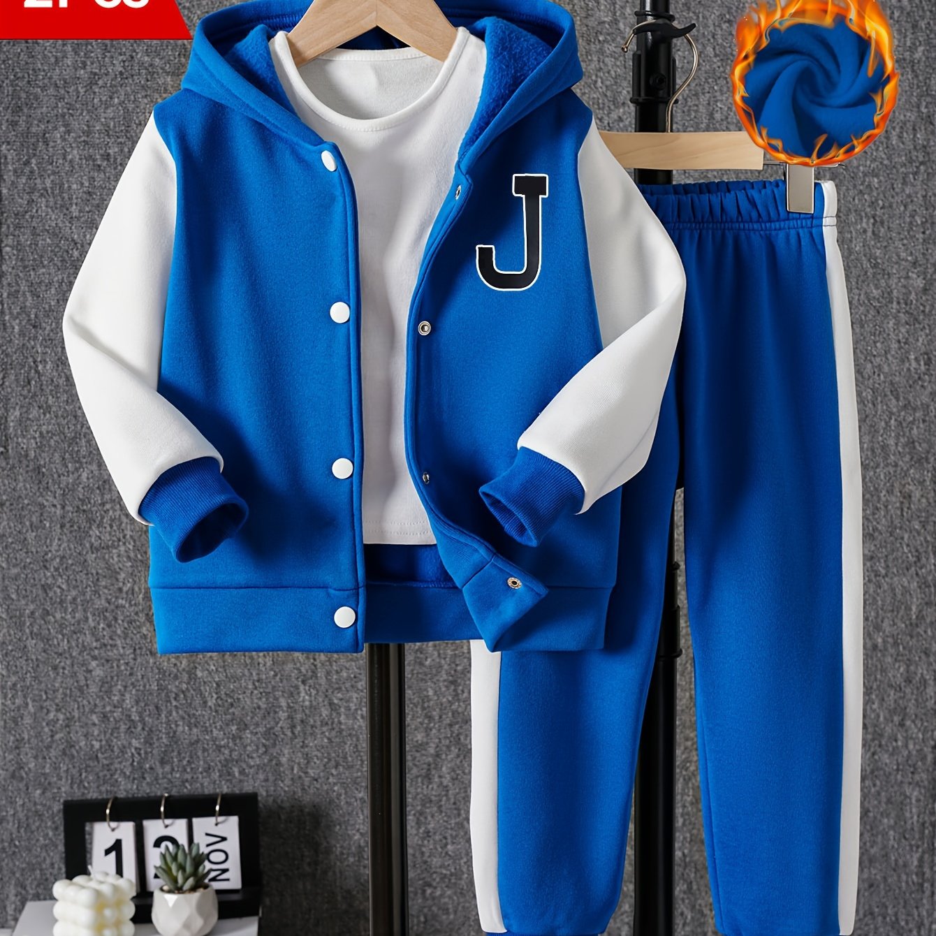 2pcs Boy's Long Sleeve Color Block Drop Shoulder Varsity Hooded Baseball Jacket & Casual Pants Outdoor Outfit, Kids Clothing For Spring Fall