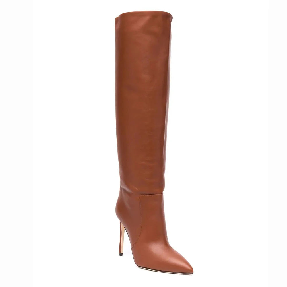 2021 Winter Boots Pointed Toe Stiletto High Heel Brown Knee Boots for Women