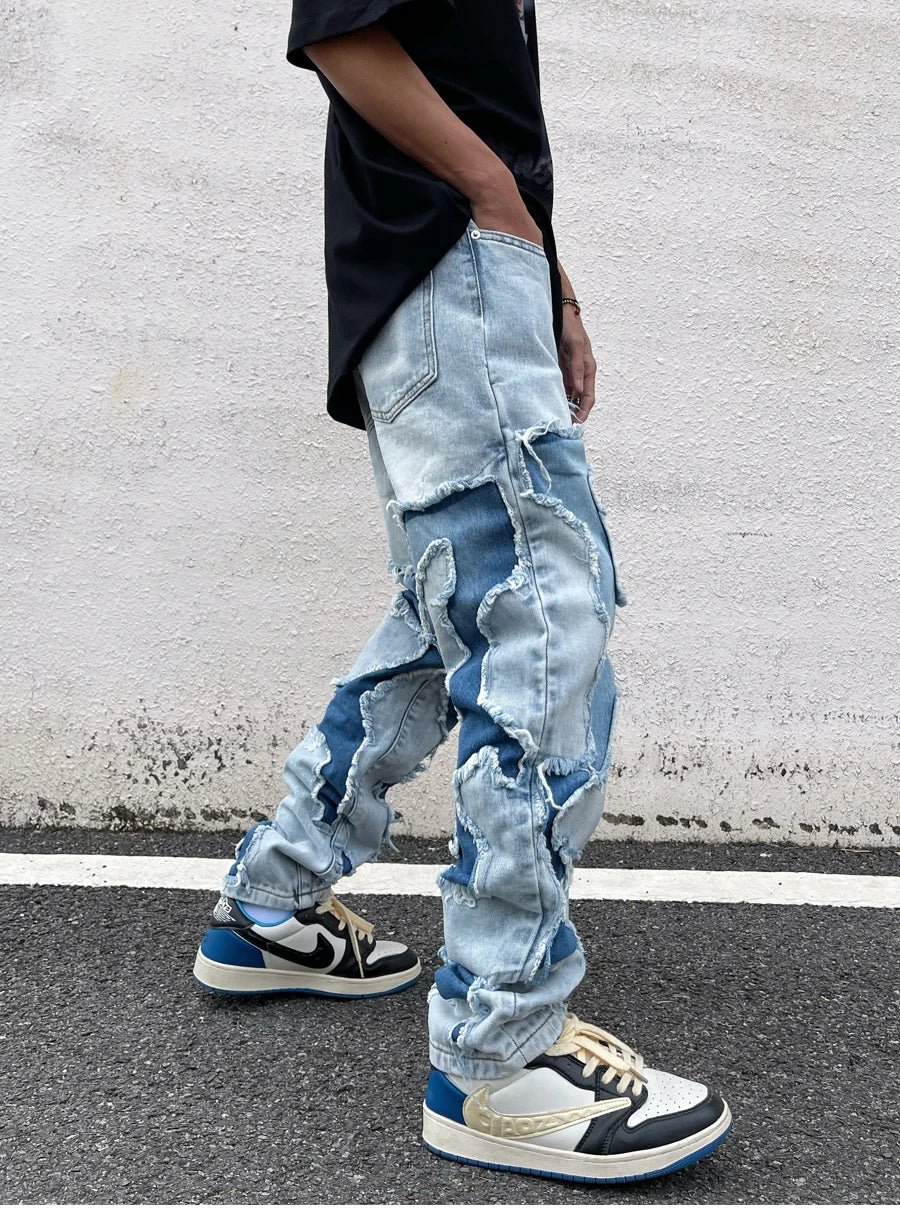 Custom Deconstructed Patch Jeans Slim Straight Leg Raw Edge Cutouts Stacked Frayed Hem Urban Denim Washed Men's Jeans