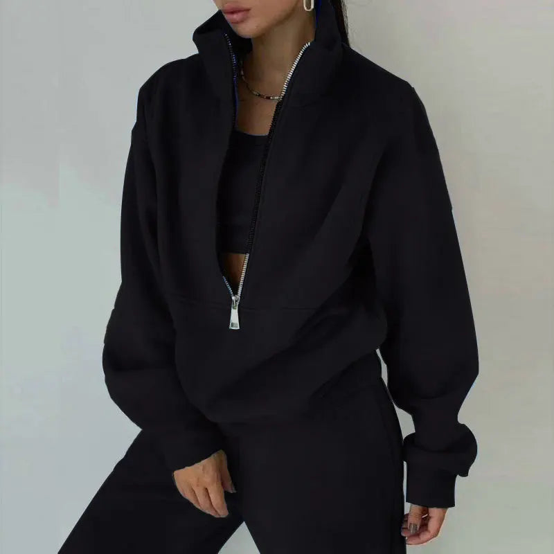 Women Sporty Sweatshirt Sets Two Pieces Sale Stand Collar Zip Long Sleeve Hoodie&High Elastic Sweatpant Suits JSFS-8786
