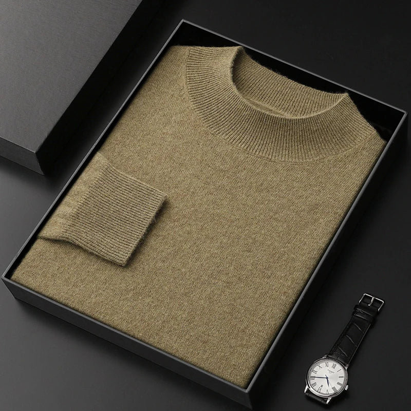 100% Pure Cashmere Sweater Men's Half High Collar Solid Color Pullover Fashion New Knit Undercoat Autumn and Winter Long Sleeve
