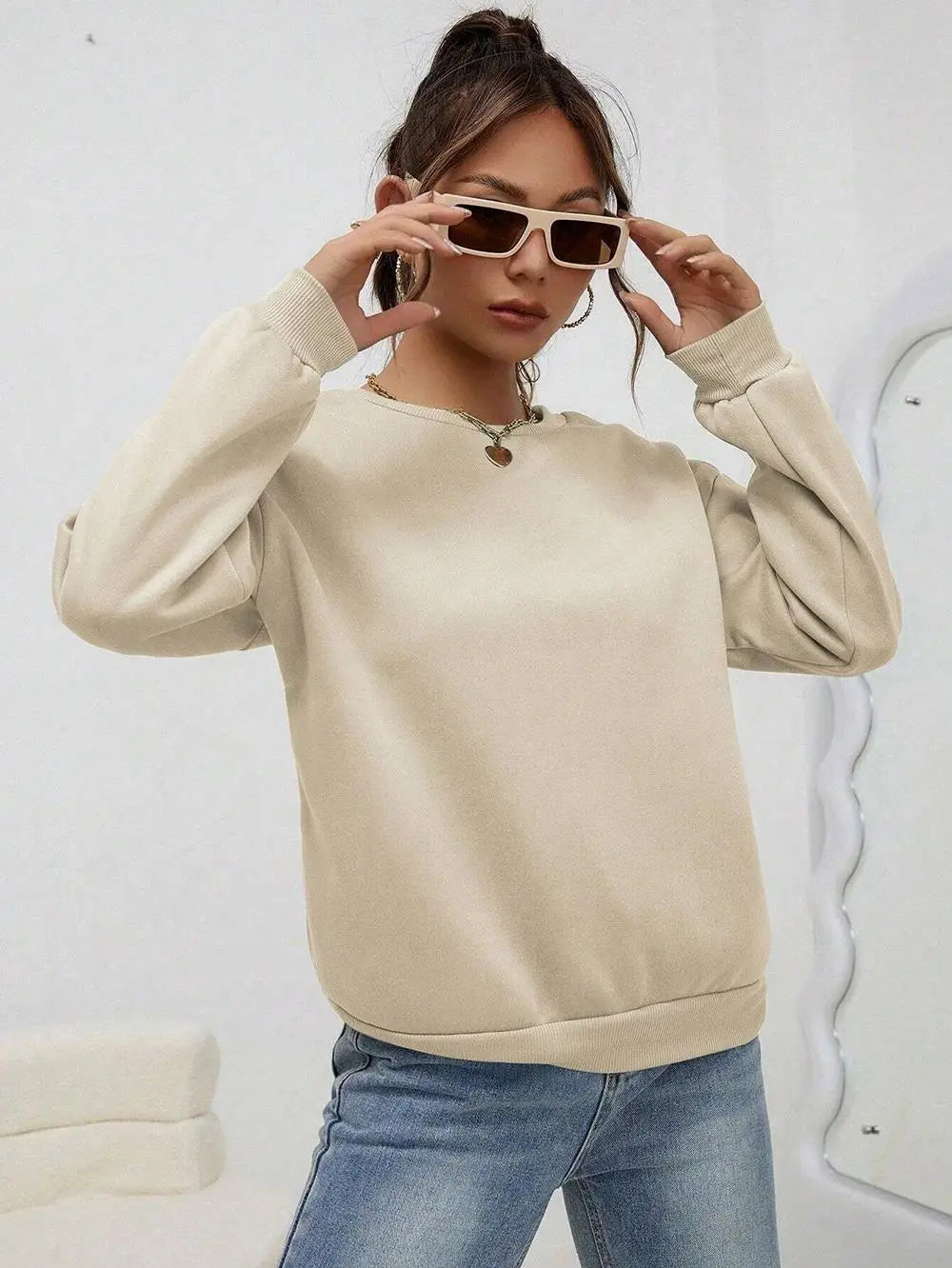Woman Sweatshirt Casual Solid Color All-Match Clothing Loose Fashionable Pullovers Autumn Crewneck Warm Female Hoodies