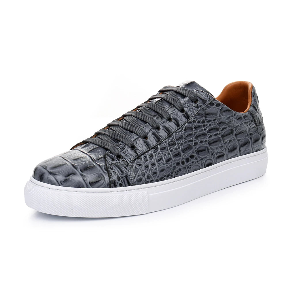 Men Croc Pattern Genuine Cow Leather Flat Sneakers Round Toe Lace-up Causal Flats Shoes