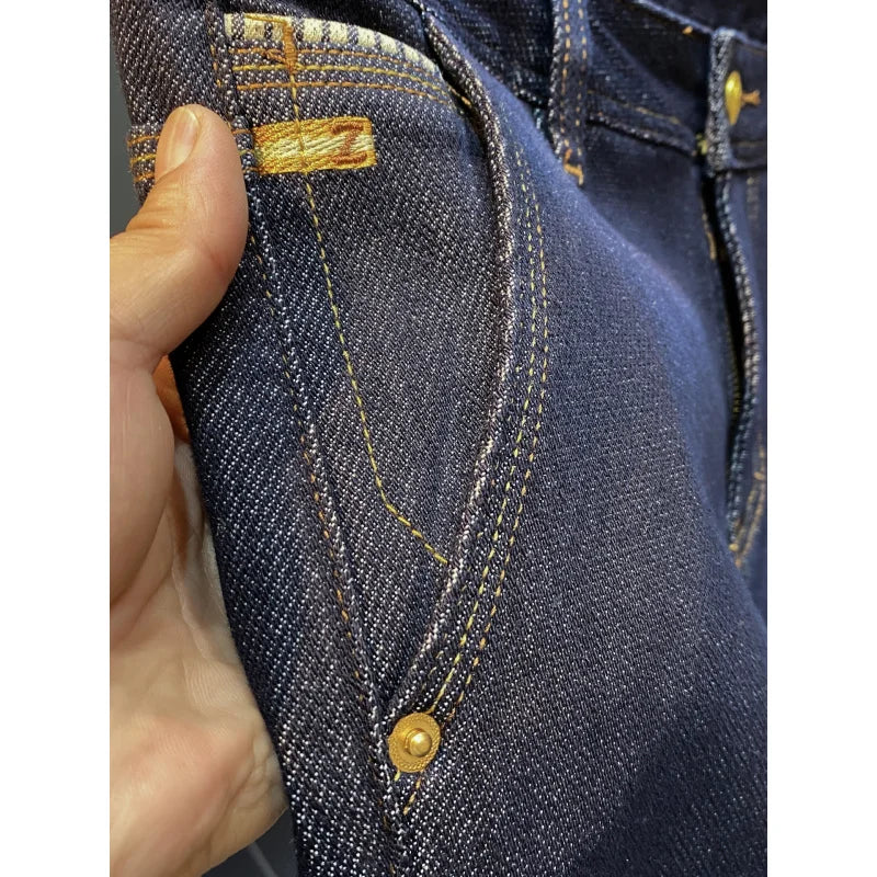 2025 autumn new light luxury retro original color jeans for men, slim fit, small feet, four sided elastic casual long pants