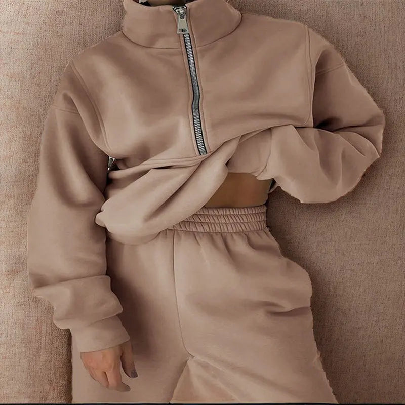 Winter Women Casual Matching Two-Piece Set Zip Up Sweaters Solid Colar Sweatpants Outfits Women Two Pieces Matching Suits