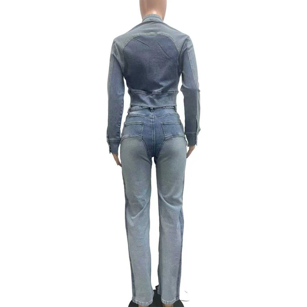 Fashion Two Tone Washed Denim Moto Jacket and Pants 2 Pieces Set for 2025 Fall Woman Casual Jeans 2piece Sets Outfits Streetwear