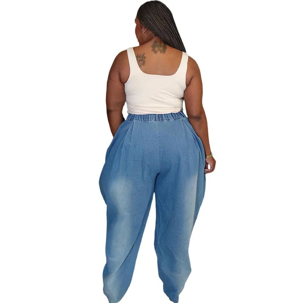 2025 New High Waist Loose Harem Wide Leg Lantern Denim Pants Women Street Casual Stretchy Slimming Fashion Long Trousers Blue