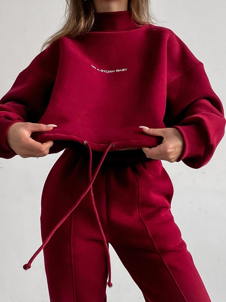 Women's casual printed suit Long-sleeved high neck hem cinched waist loose sweatshirt elastic band pants Ladies two piece set