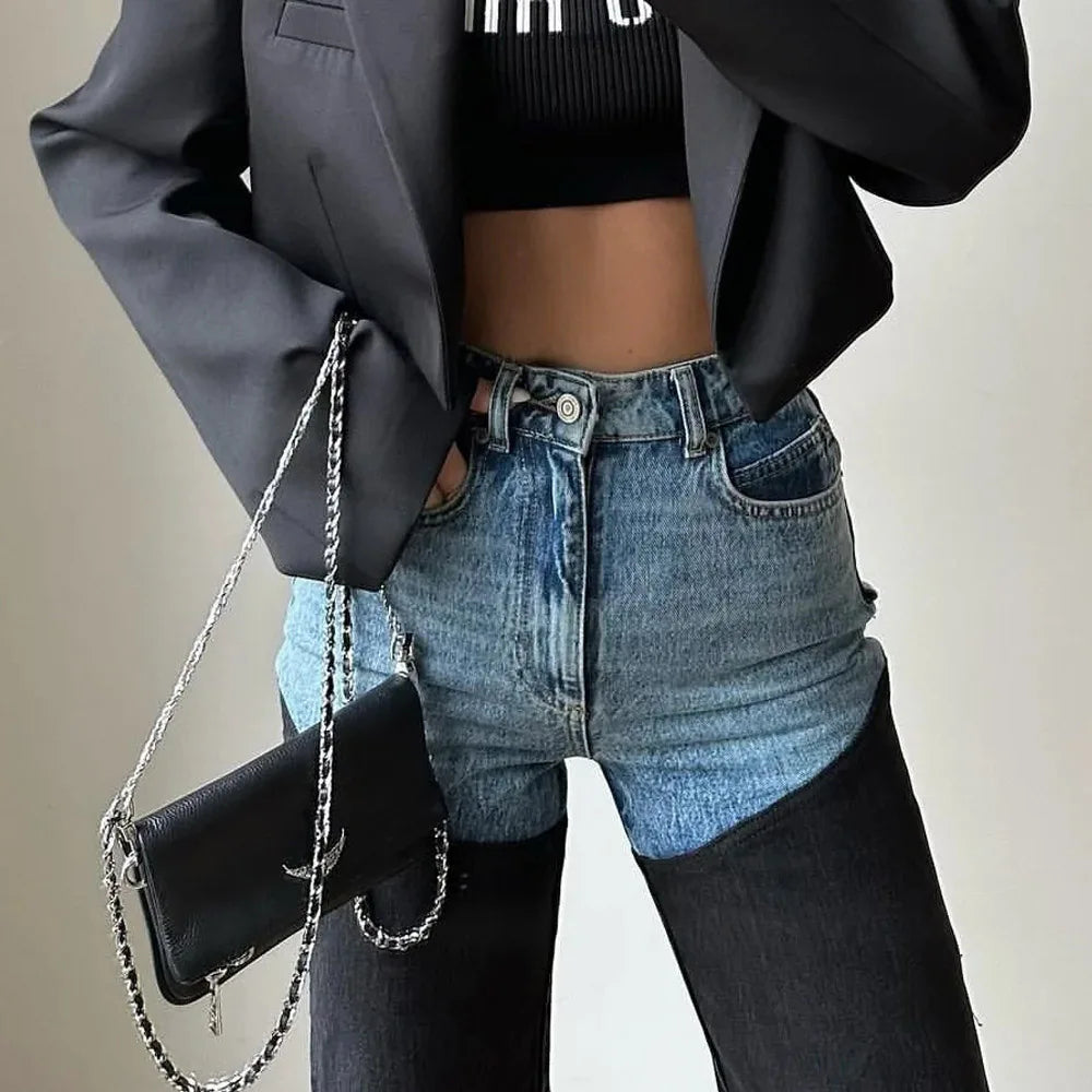 Women's 2025 New Denim Jeans Fashion Spliced Color High Waist Straight Female Pants Highstreet Trend Slim Female Clothing 