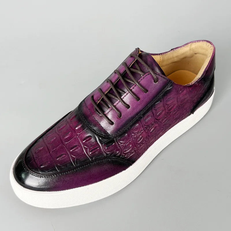 Newest 2025 Spring Men Genuine Leather Casual Sneakers Lace Up Handmade Crocodile Design Men Daily Leather Footwear Purple