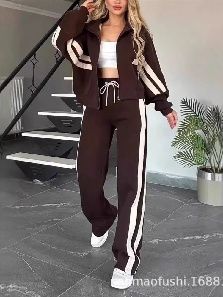 Striped Casual Women's Suit Y2K Striped Zipper Top Coat Sports Pants Female 2piece Set