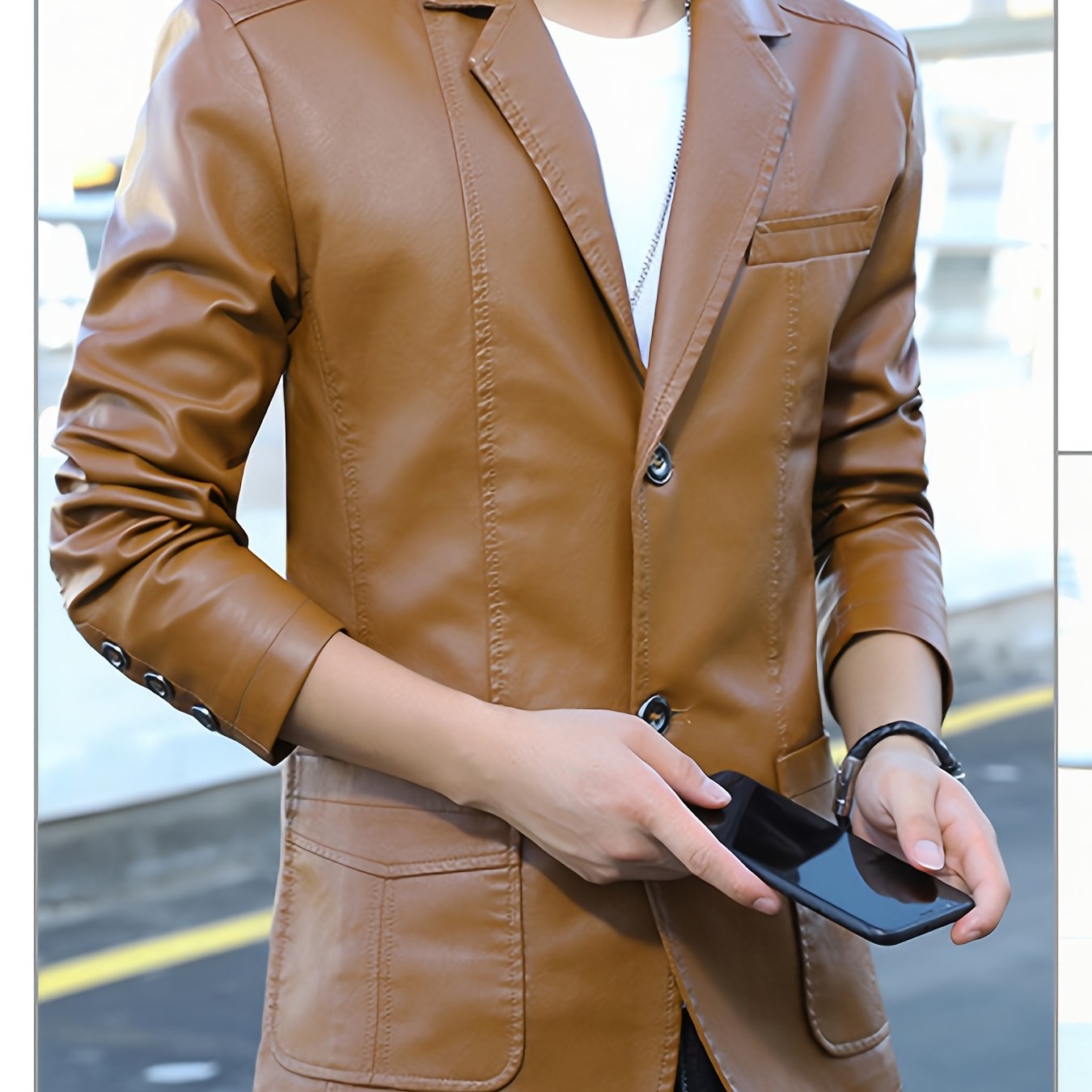 Men's PU Leather Coat Spring New PU Leather Suit Men's Coat Business Casual Middle-aged Men's Wear Handsome PU Leather Jacket, Office Wear, Professional Clothing, Classic Look, Sleek Design, Durable Material, Tailored Fit, Zi