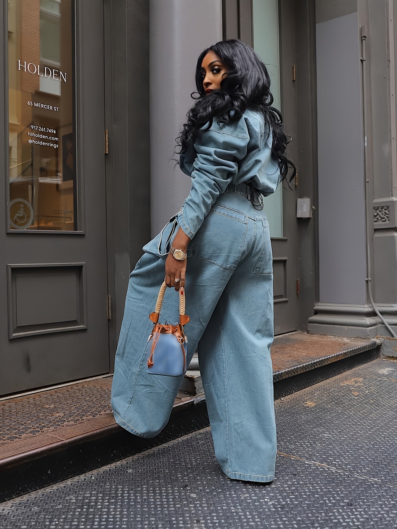 Women'S 2pcs Denim Set with Long Sleeve Zip-Up Crop Top and Wide-Leg Pants with Multiple Pockets