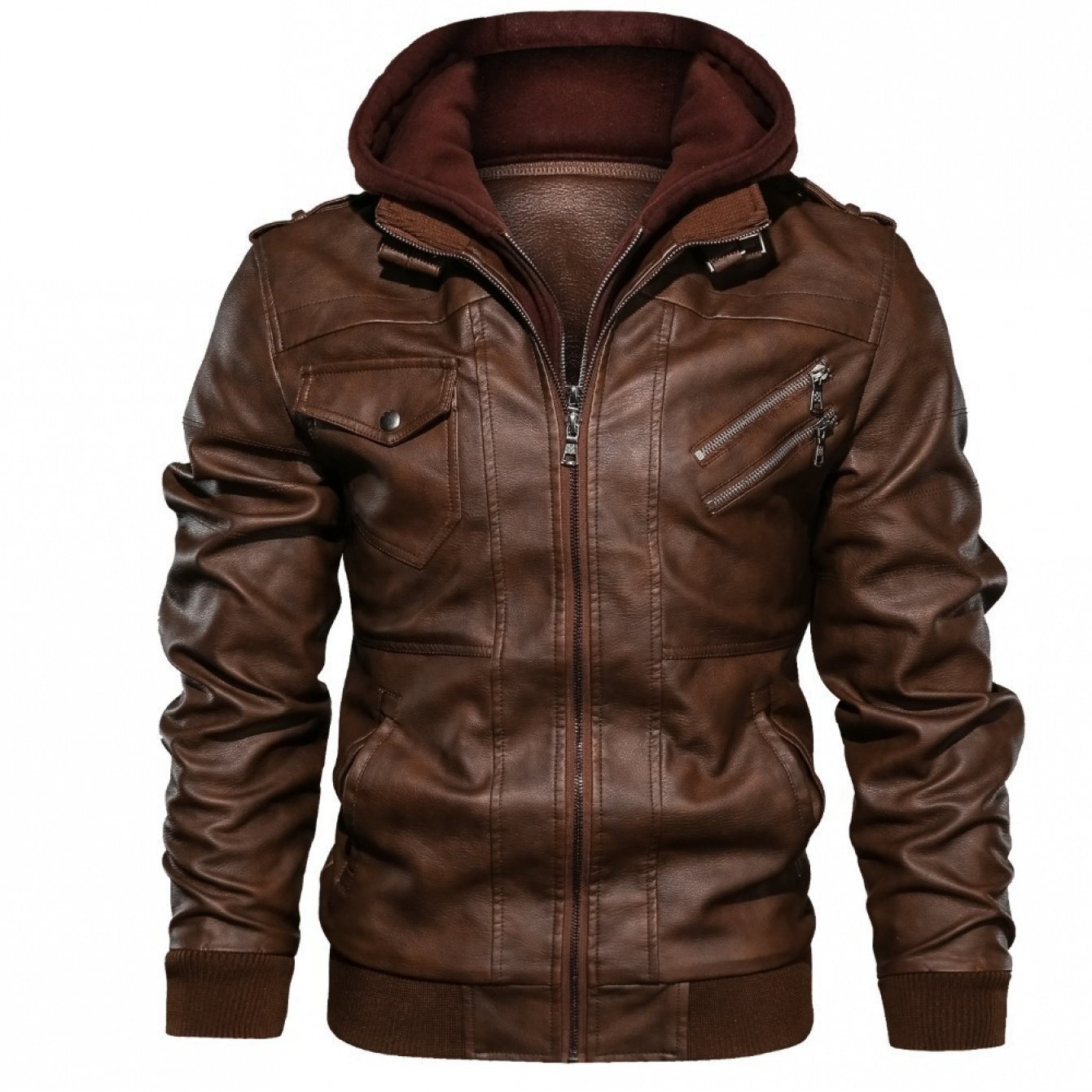 Men's Full-Bodied Retro Leather Jacket & Hooded Coat Two-Piece Set - Full-Zip Front Closure, Collar, Chest Pocket - Heavy-Duty Winter Outerwear (Black) - European/American Style Leather Suit for Cold Weather