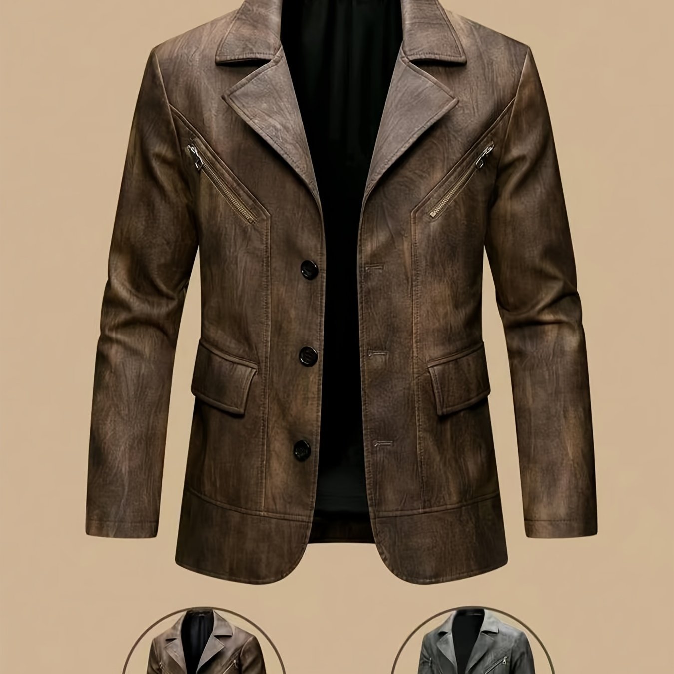 Men's Vintage Full-Breed Peel Soft Blazer Jacket with Collar & Full-Pocket Motorcycle Suit Coat for Business/Casual Wear, Windproof Outer Jacket (), Autumn/Winter