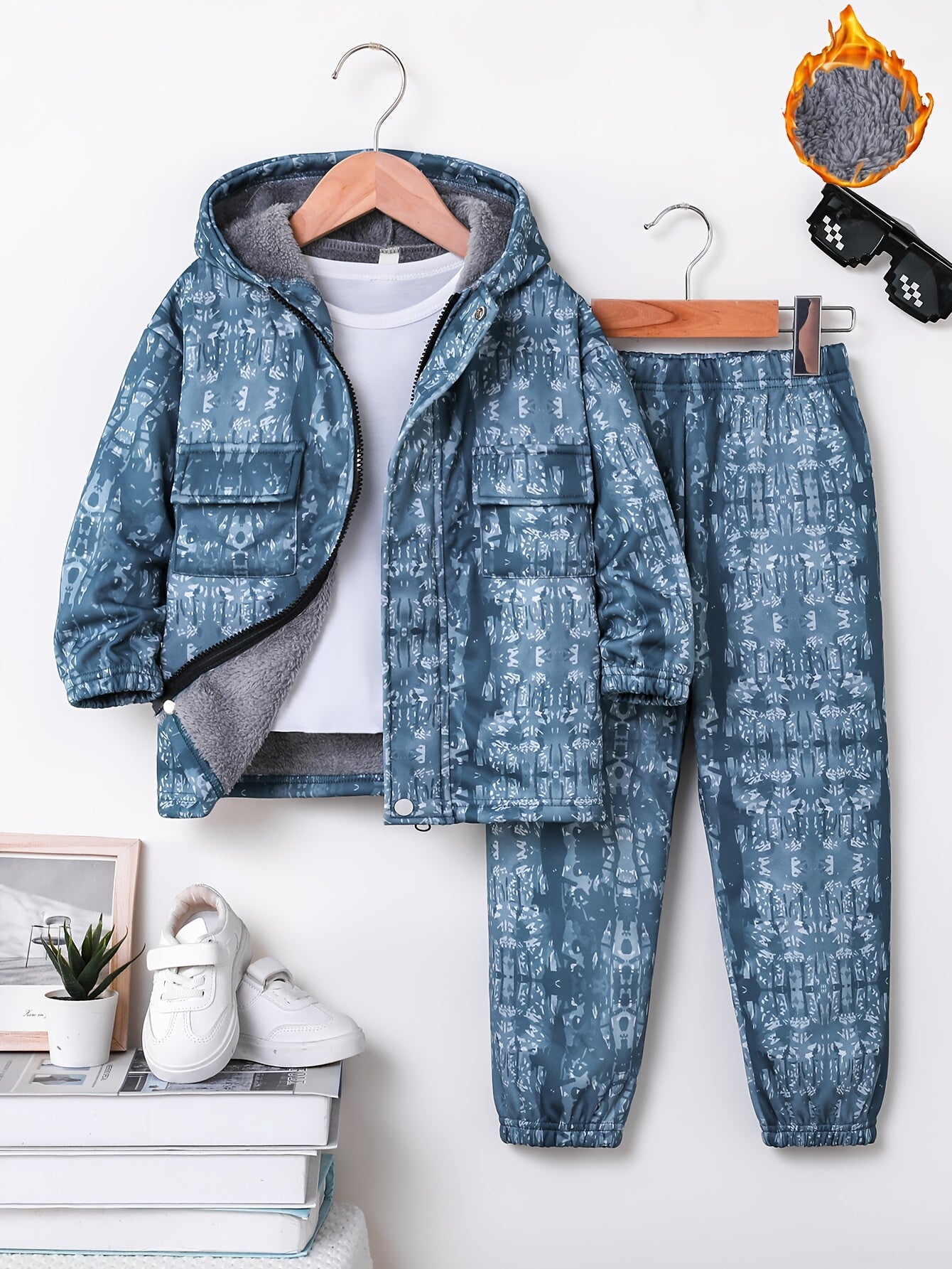 2pcs Boys' New Fashion Jacket and Pants Set, Trendy Cool Print Hooded Zip-Up Sweatshirt with Pockets, Autumn/Winter Fleece-Lined Thick Sportswear Outfit for Kids, 100% Polyester Stretch Durable Fabric, Perfect Gift Choice, Ki