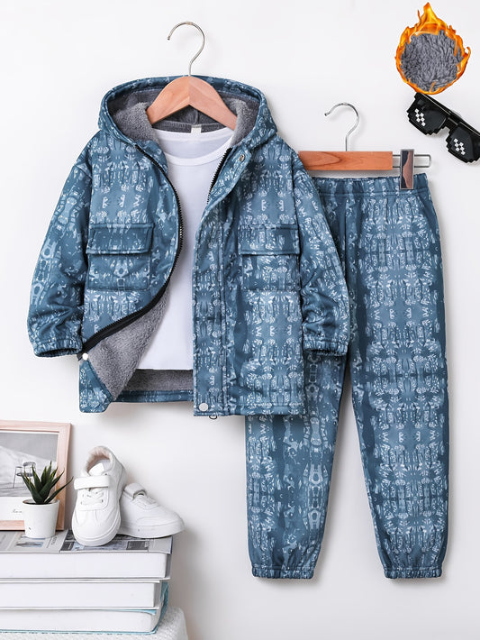 2pcs Boys' New Fashion Jacket and Pants Set, Trendy Cool Print Hooded Zip-Up Sweatshirt with Pockets, Autumn/Winter Fleece-Lined Thick Sportswear Outfit for Kids, 100% Polyester Stretch Durable Fabric, Perfect Gift Choice, Ki