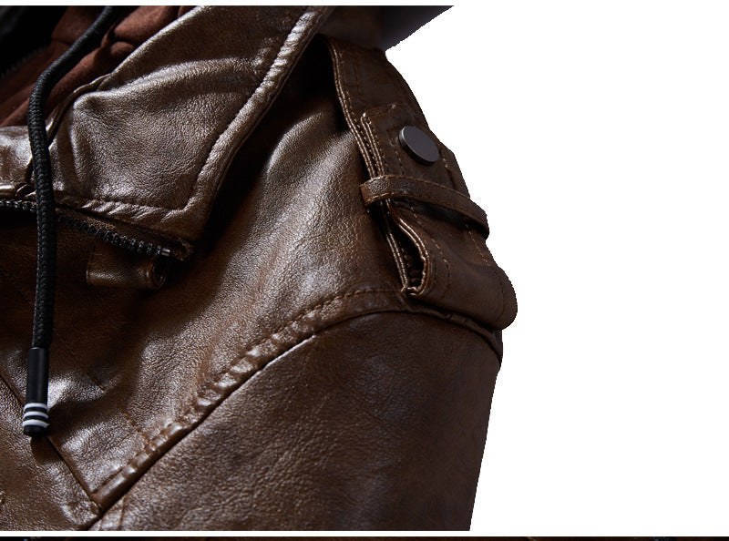 Men's Full-Bodied Retro Leather Jacket & Hooded Coat Two-Piece Set - Full-Zip Front Closure, Collar, Chest Pocket - Heavy-Duty Winter Outerwear (Black) - European/American Style Leather Suit for Cold Weather