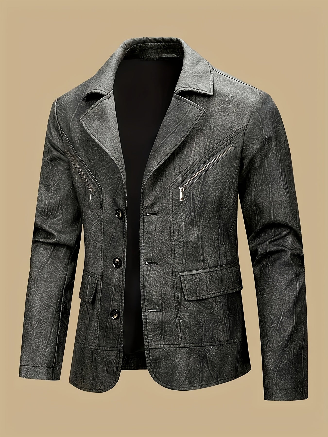 Men's Vintage Full-Breed Peel Soft Blazer Jacket with Collar & Full-Pocket Motorcycle Suit Coat for Business/Casual Wear, Windproof Outer Jacket (), Autumn/Winter