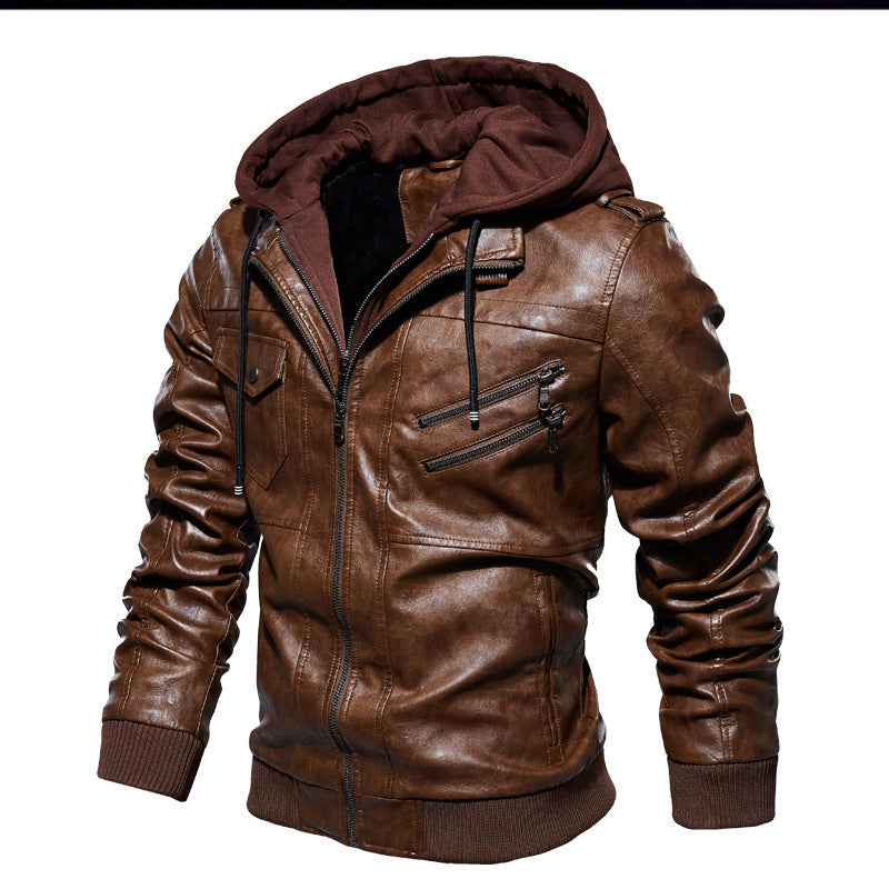 Men's Full-Bodied Retro Leather Jacket & Hooded Coat Two-Piece Set - Full-Zip Front Closure, Collar, Chest Pocket - Heavy-Duty Winter Outerwear (Black) - European/American Style Leather Suit for Cold Weather