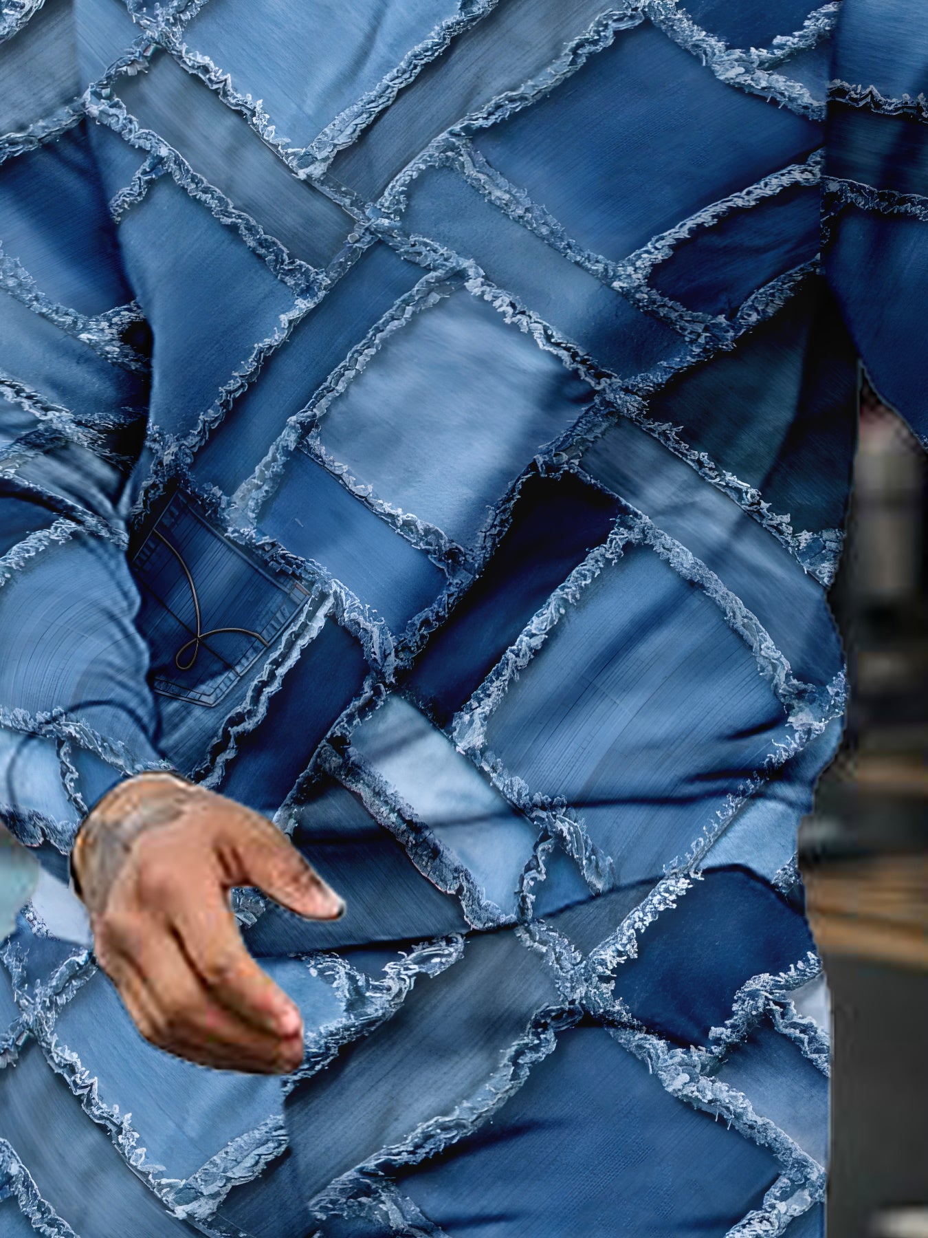 Men's Patchwork Denim Suit Blue Geometric Check Print Fashionable Street Casual Wear