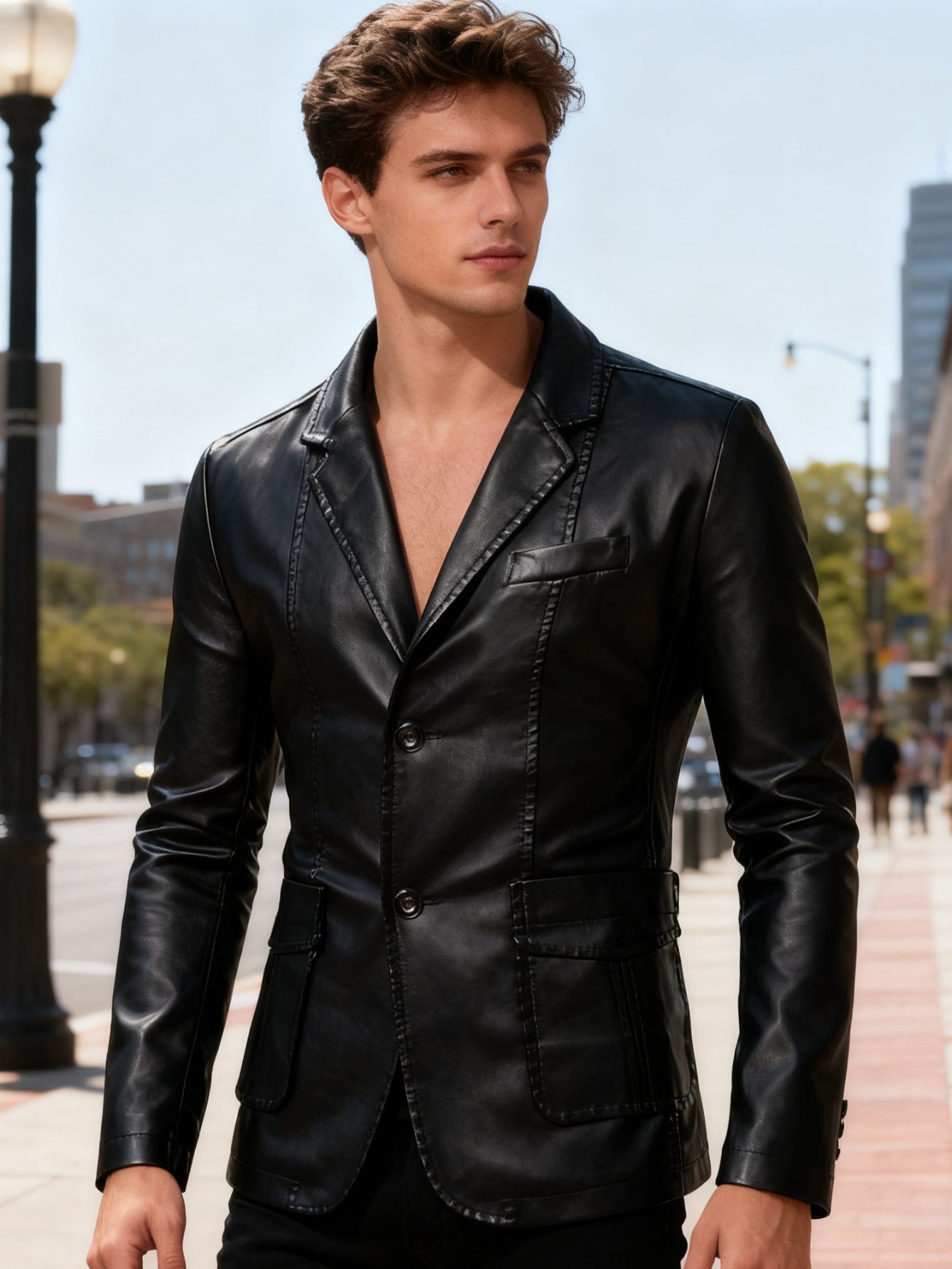 Men'S Spring & Autumn Elegant Gentleman Light Business Faux Leather Lapel Suit-Style Faux Leather Jacket | Trendy and Sophisticated Outerwear for Important Outdoor Occasions, Button Closure, Lining, Solid Color