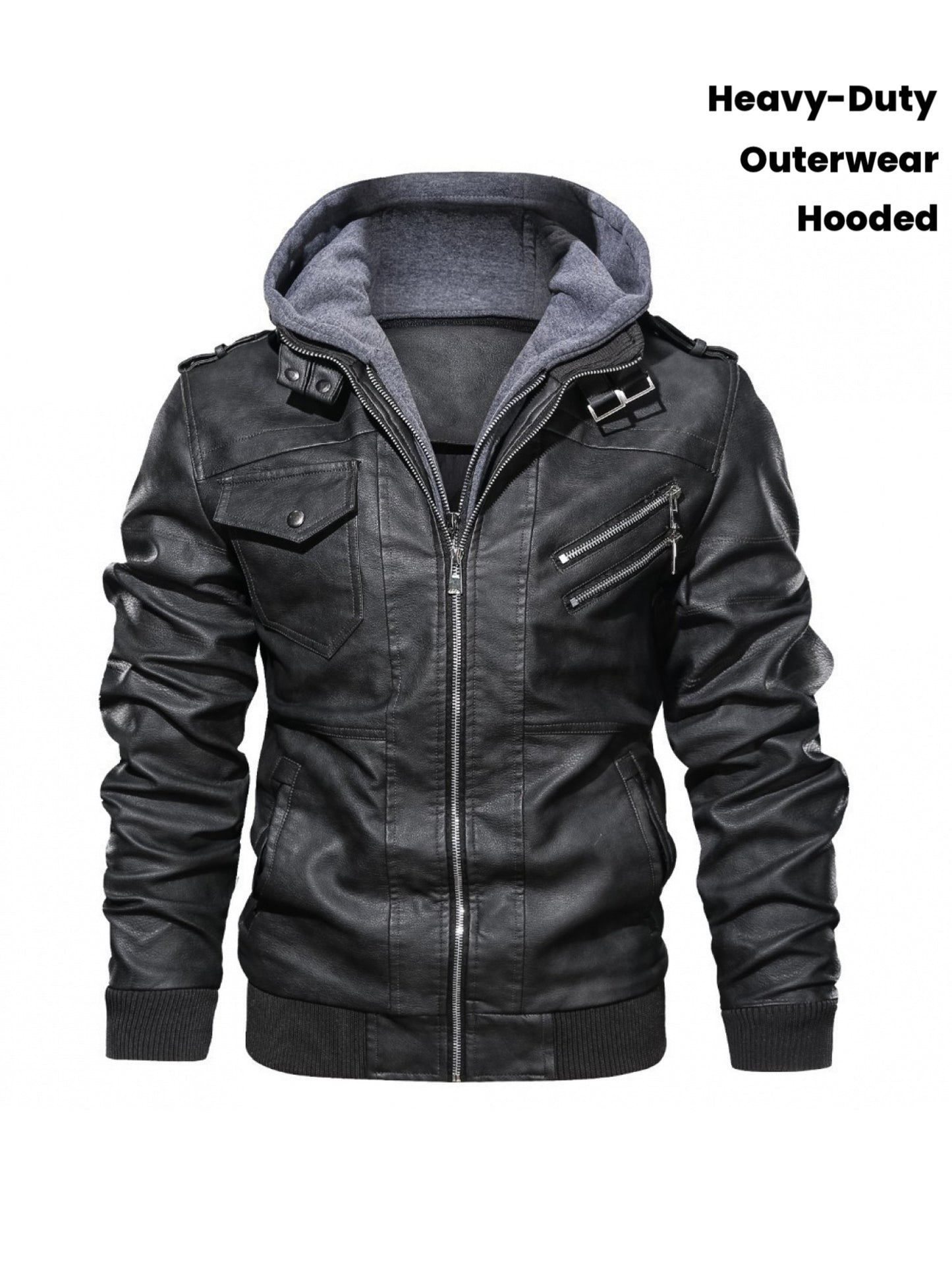 Men's Full-Bodied Retro Leather Jacket & Hooded Coat Two-Piece Set - Full-Zip Front Closure, Collar, Chest Pocket - Heavy-Duty Winter Outerwear (Black) - European/American Style Leather Suit for Cold Weather