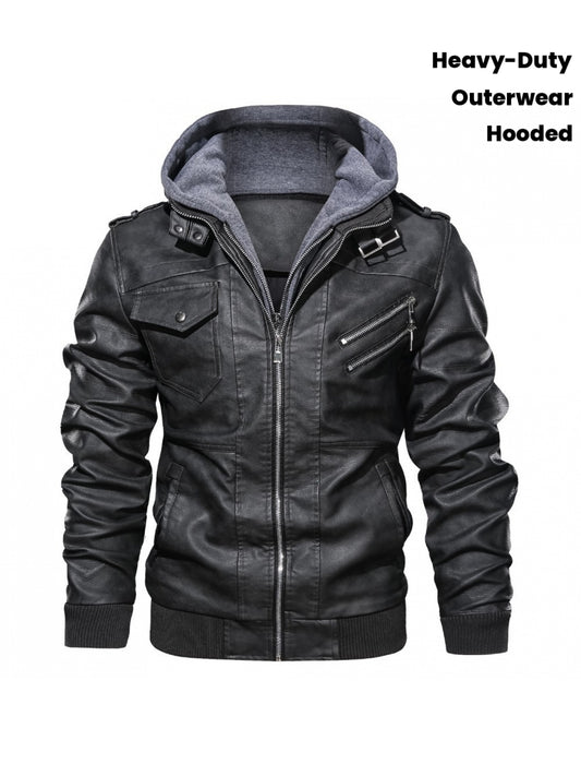 Men's Full-Bodied Retro Leather Jacket & Hooded Coat Two-Piece Set - Full-Zip Front Closure, Collar, Chest Pocket - Heavy-Duty Winter Outerwear (Black) - European/American Style Leather Suit for Cold Weather