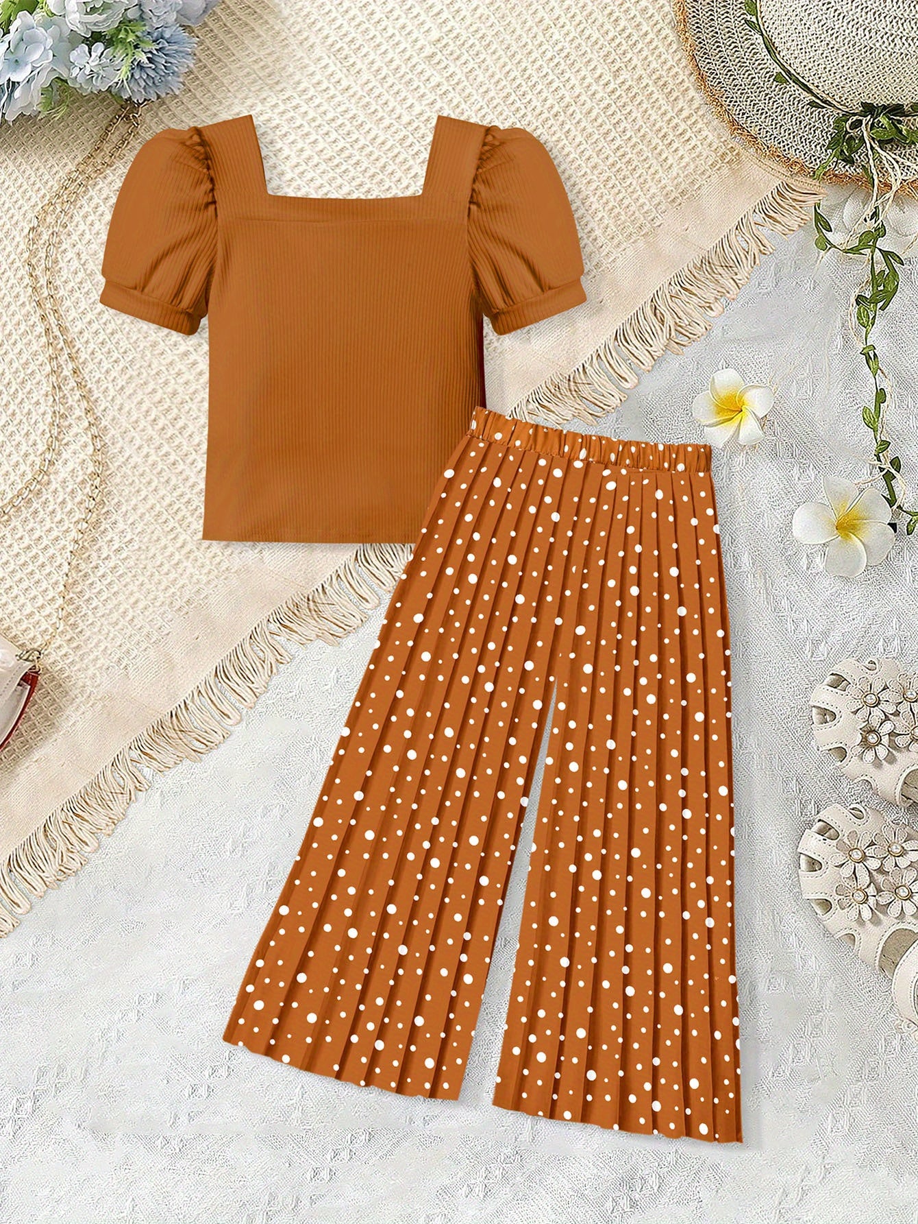 AGAPENG Toddler Little Girl Clothes Outfits Set Square Neck Tops + Pleated Pants + Headband 3pcs Kids Clothing