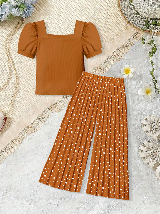 AGAPENG Toddler Little Girl Clothes Outfits Set Square Neck Tops + Pleated Pants + Headband 3pcs Kids Clothing