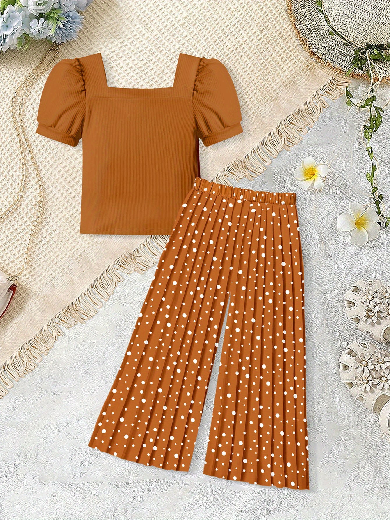AGAPENG Toddler Little Girl Clothes Outfits Set Square Neck Tops + Pleated Pants + Headband 3pcs Kids Clothing