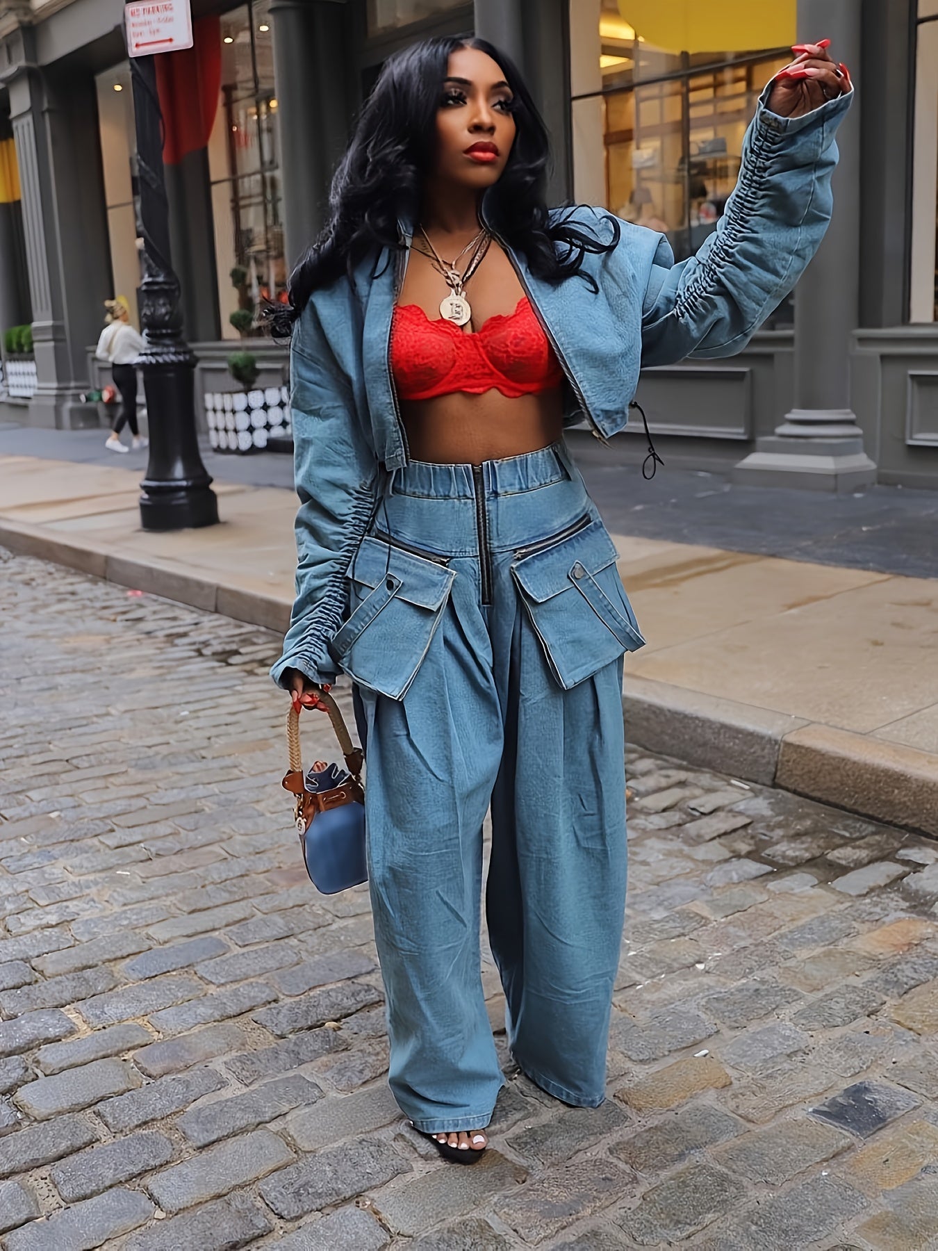 Women'S 2pcs Denim Set with Long Sleeve Zip-Up Crop Top and Wide-Leg Pants with Multiple Pockets