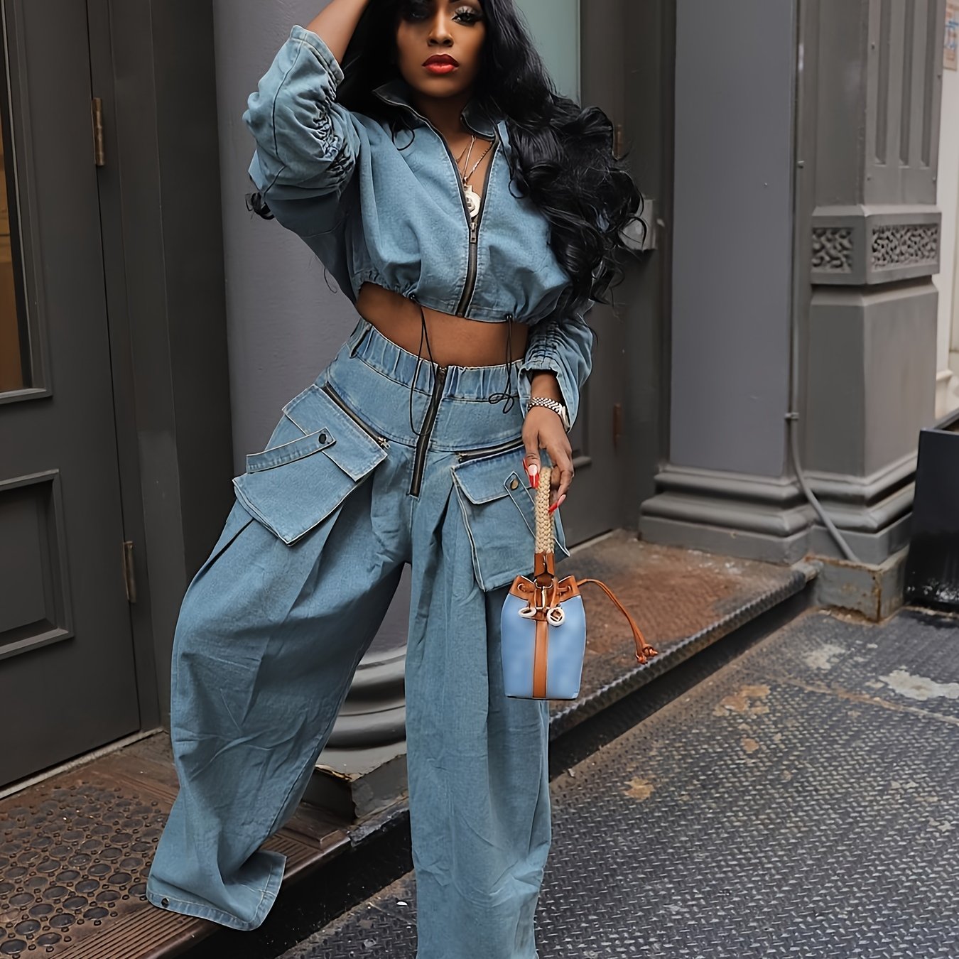 Women'S 2pcs Denim Set with Long Sleeve Zip-Up Crop Top and Wide-Leg Pants with Multiple Pockets