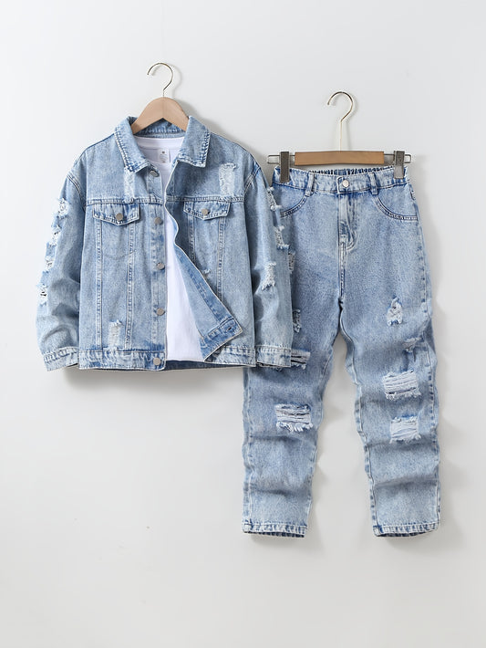 2pcs Boys' Vintage Distressed Denim Set - Heavy-Duty Long Sleeve Jacket & Ripped Jeans with Button-Up Front, Machine Washable Casual Streetwear Outfit for Spring/Fall Layering (Aged Blue Wash) - Perfect for Everyday & Formal