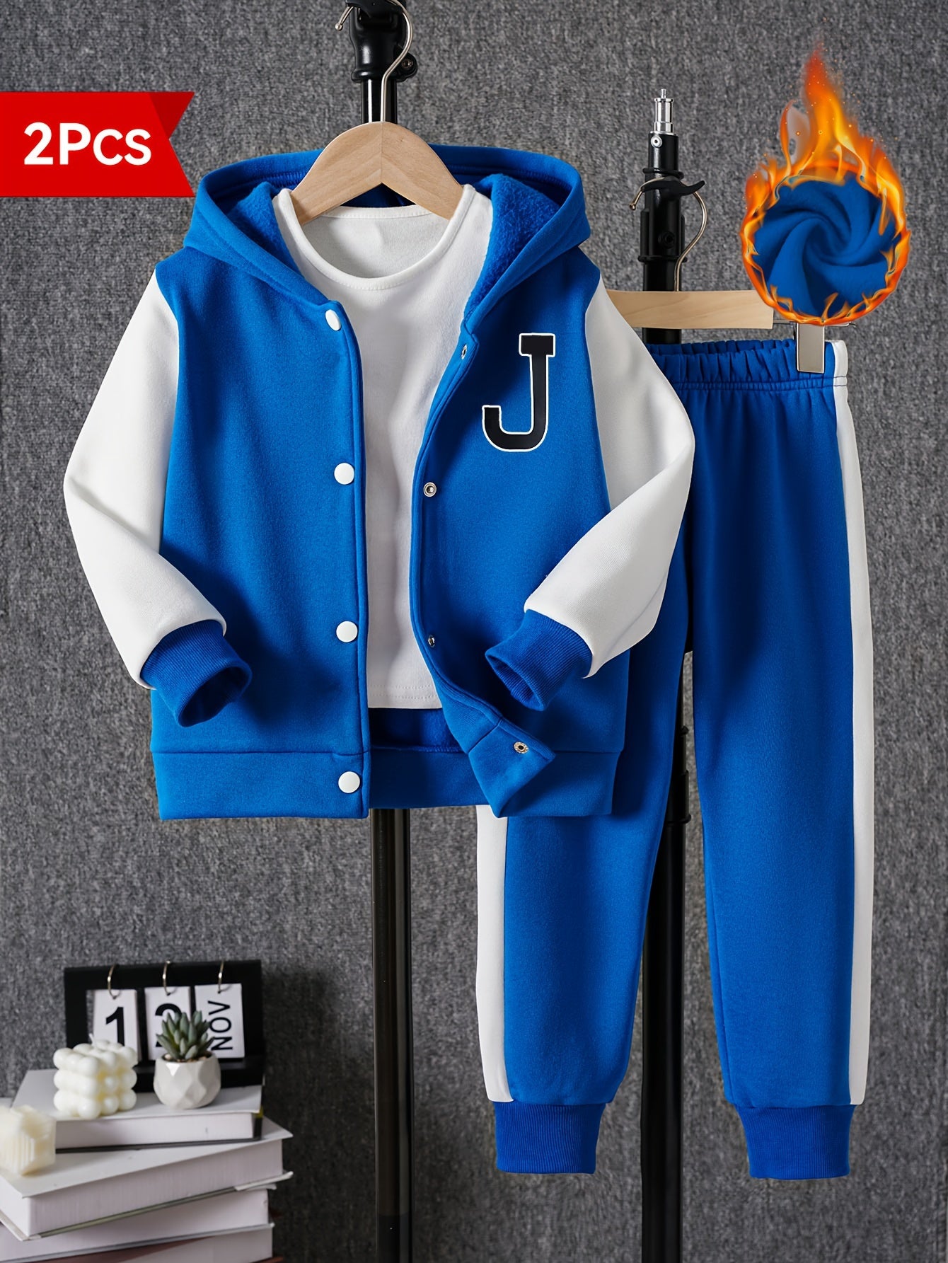 2pcs Boy's Long Sleeve Color Block Drop Shoulder Varsity Hooded Baseball Jacket & Casual Pants Outdoor Outfit, Kids Clothing For Spring Fall