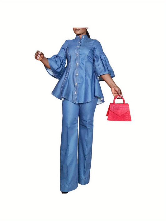 Plus Size - Plus Size - Women'S Plus Size Denim Set - Solid Color High Neck Button-Up Top & Flared Pants, Loose Fit with Tie Waist, Casual Streetwear for Spring & Fall, Comfortable Streetwear|Flared Pants|Buttonup Top, Plus S
