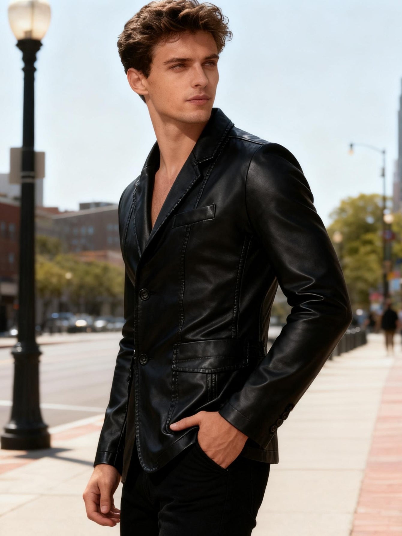 Men'S Spring & Autumn Elegant Gentleman Light Business Faux Leather Lapel Suit-Style Faux Leather Jacket | Trendy and Sophisticated Outerwear for Important Outdoor Occasions, Button Closure, Lining, Solid Color
