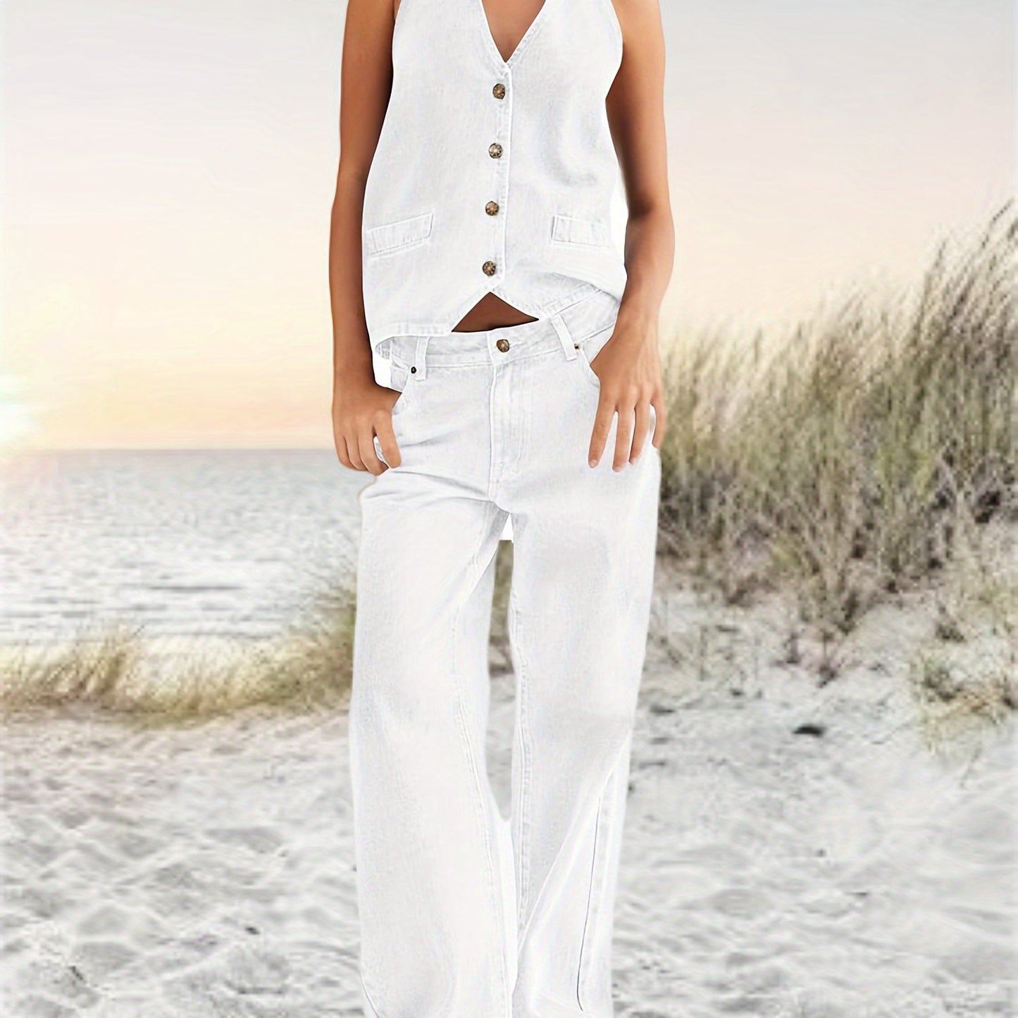 [Denim Set] 2pcs Women's Denim Set - Two Piece Outfit Suits - Button Backless Tank Top And Wide Leg Jeans