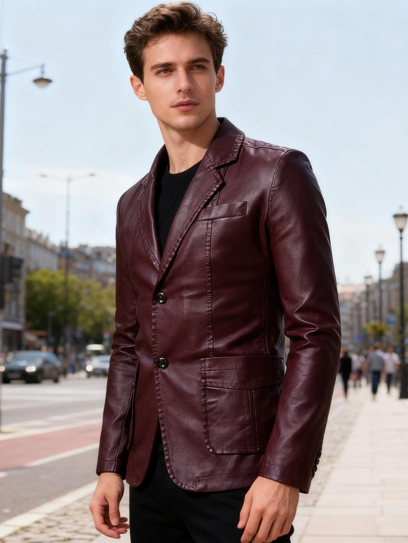 Men'S Spring & Autumn Elegant Gentleman Light Business Faux Leather Lapel Suit-Style Faux Leather Jacket | Trendy and Sophisticated Outerwear for Important Outdoor Occasions, Button Closure, Lining, Solid Color