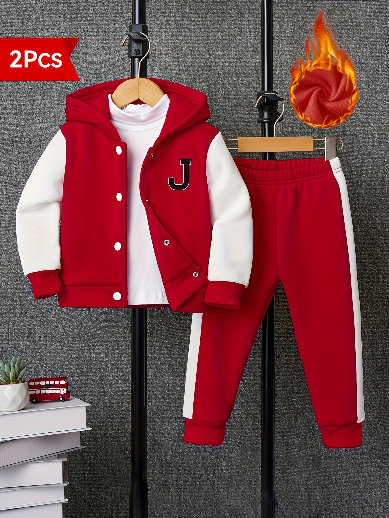 2pcs Boy's Long Sleeve Color Block Drop Shoulder Varsity Hooded Baseball Jacket & Casual Pants Outdoor Outfit, Kids Clothing For Spring Fall