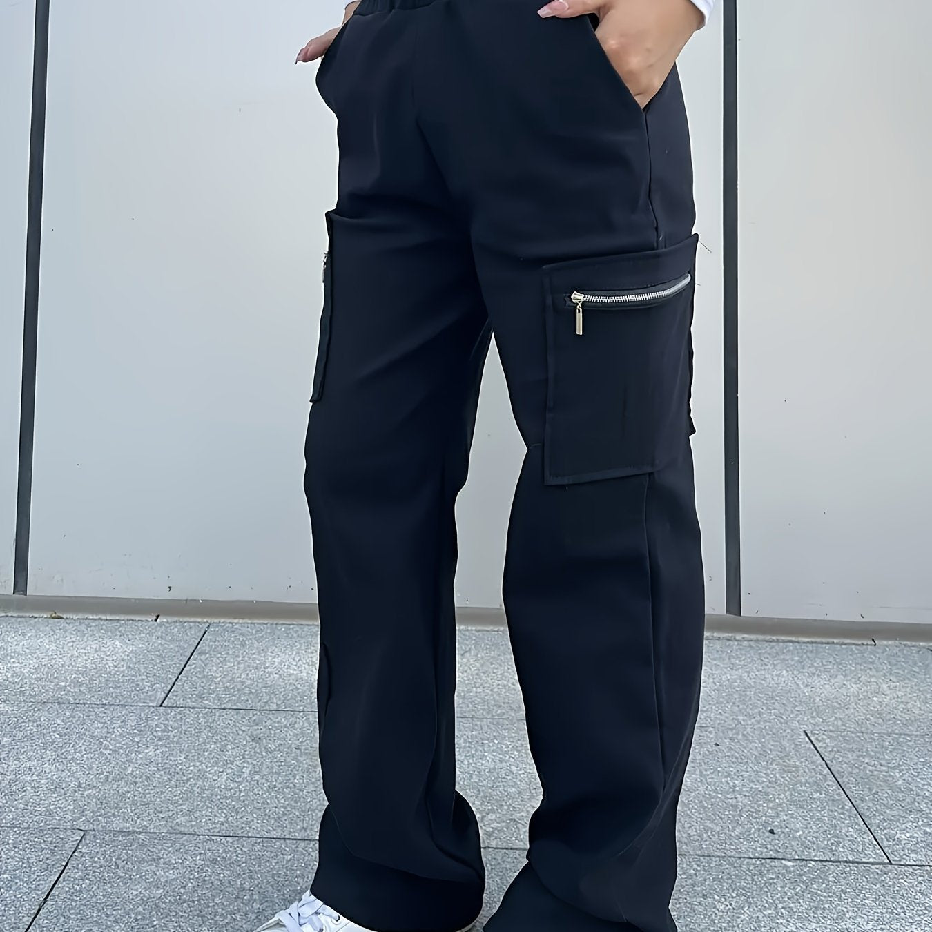 Girls' Y2K Streetwear Cargo Pants with Zipper Pockets & Elastic Waist - Loose Fit All-Season Black Trousers for Outdoor Play & Casual Attire, Playtime Apparel, Durable Kids' Clothing
