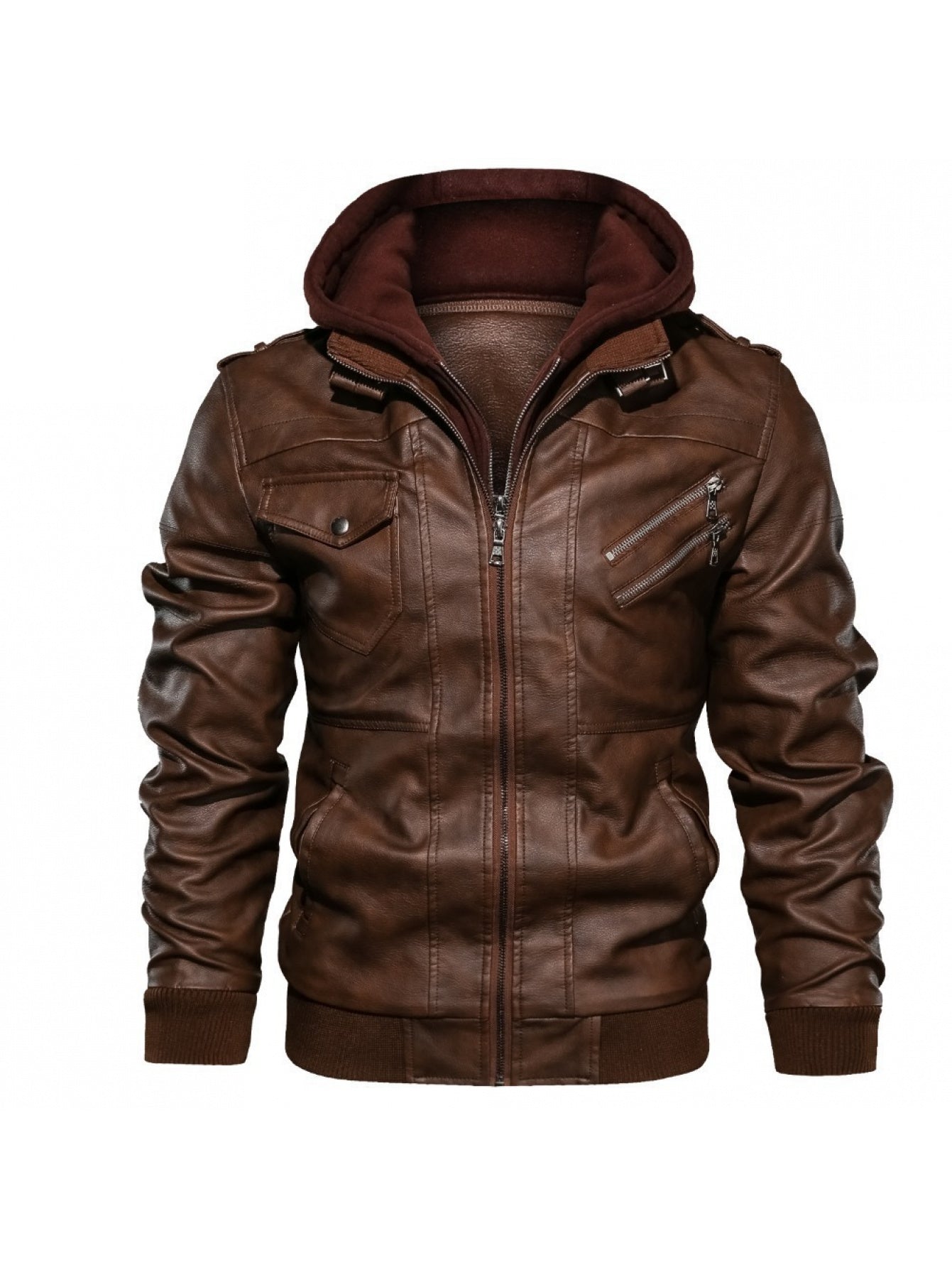Men's Full-Bodied Retro Leather Jacket & Hooded Coat Two-Piece Set - Full-Zip Front Closure, Collar, Chest Pocket - Heavy-Duty Winter Outerwear (Black) - European/American Style Leather Suit for Cold Weather