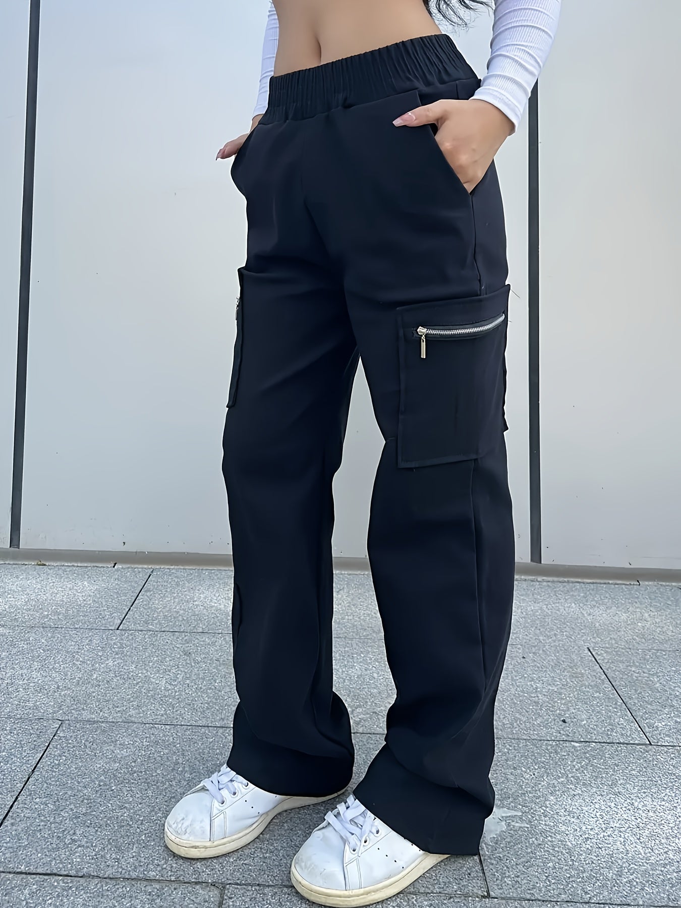 Girls' Y2K Streetwear Cargo Pants with Zipper Pockets & Elastic Waist - Loose Fit All-Season Black Trousers for Outdoor Play & Casual Attire, Playtime Apparel, Durable Kids' Clothing