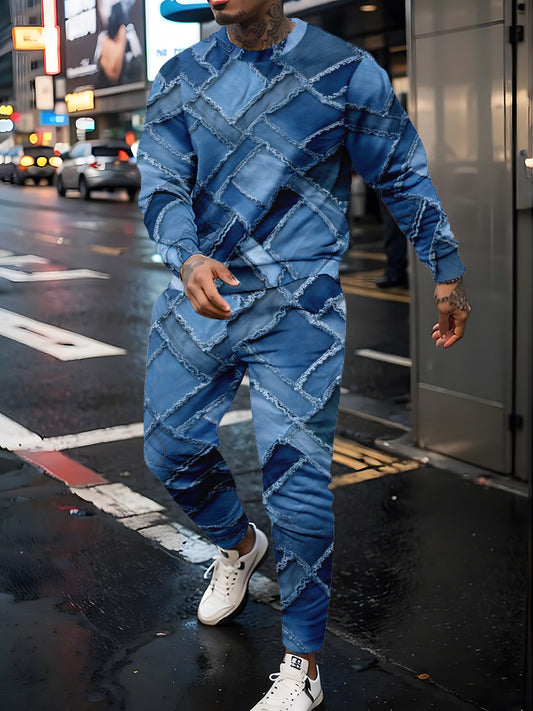 Men's Patchwork Denim Suit Blue Geometric Check Print Fashionable Street Casual Wear
