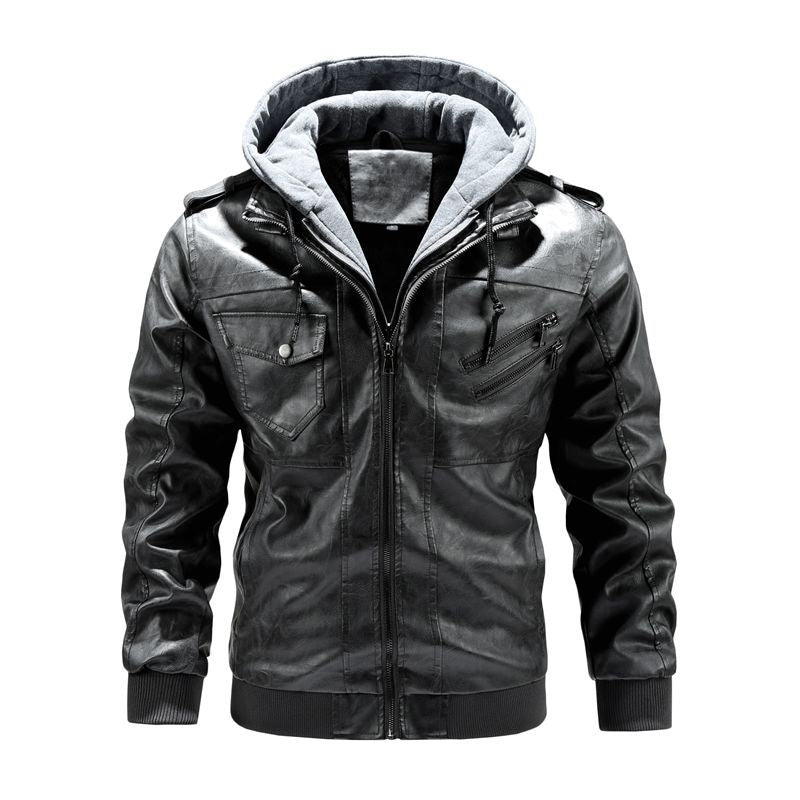 Men's Full-Bodied Retro Leather Jacket & Hooded Coat Two-Piece Set - Full-Zip Front Closure, Collar, Chest Pocket - Heavy-Duty Winter Outerwear (Black) - European/American Style Leather Suit for Cold Weather