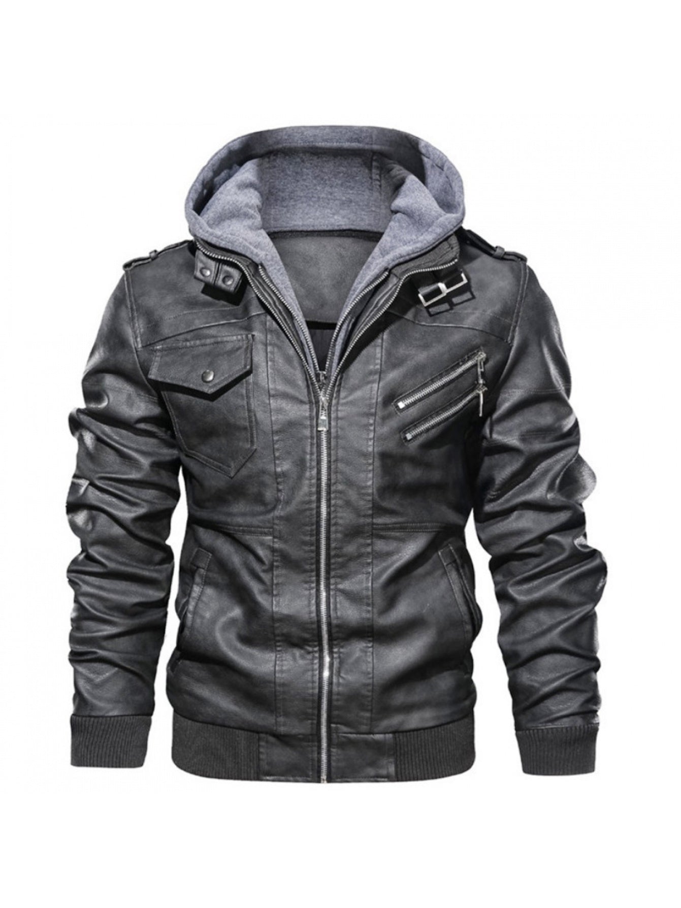 Men's Full-Bodied Retro Leather Jacket & Hooded Coat Two-Piece Set - Full-Zip Front Closure, Collar, Chest Pocket - Heavy-Duty Winter Outerwear (Black) - European/American Style Leather Suit for Cold Weather