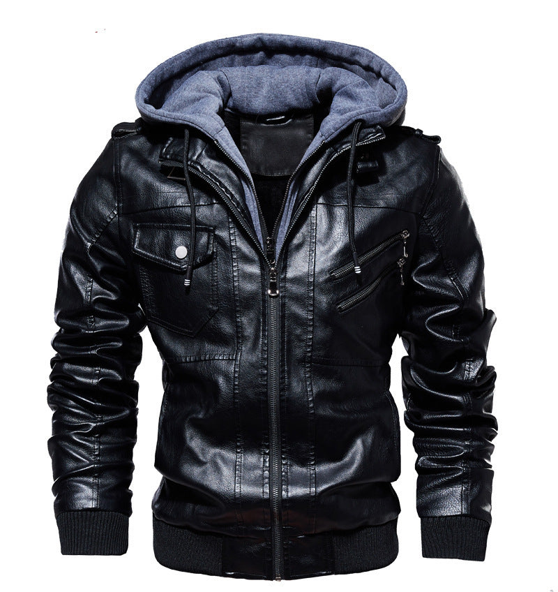 Men's Full-Bodied Retro Leather Jacket & Hooded Coat Two-Piece Set - Full-Zip Front Closure, Collar, Chest Pocket - Heavy-Duty Winter Outerwear (Black) - European/American Style Leather Suit for Cold Weather