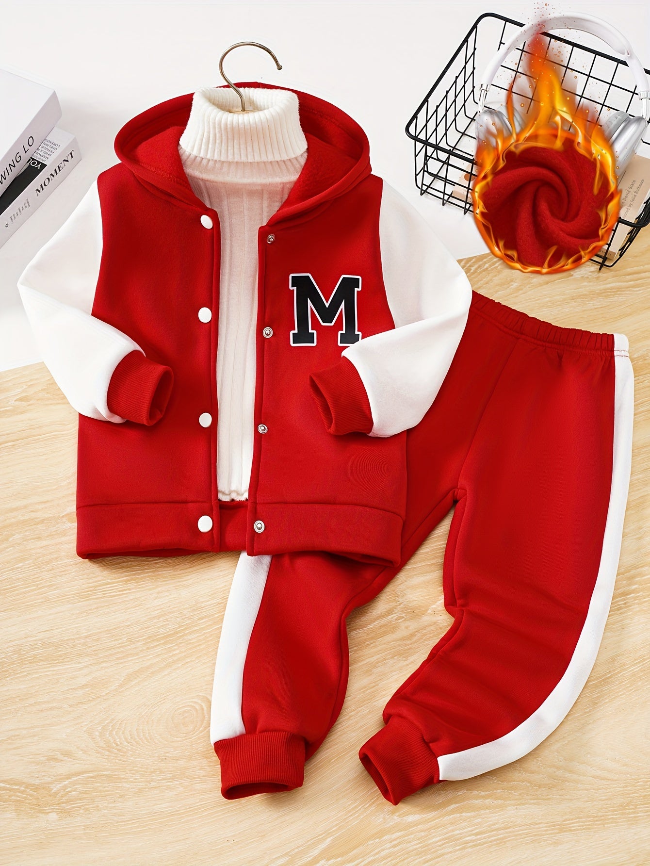 2pcs Boy's Long Sleeve Color Block Drop Shoulder Varsity Hooded Baseball Jacket & Casual Pants Outdoor Outfit, Kids Clothing For Spring Fall