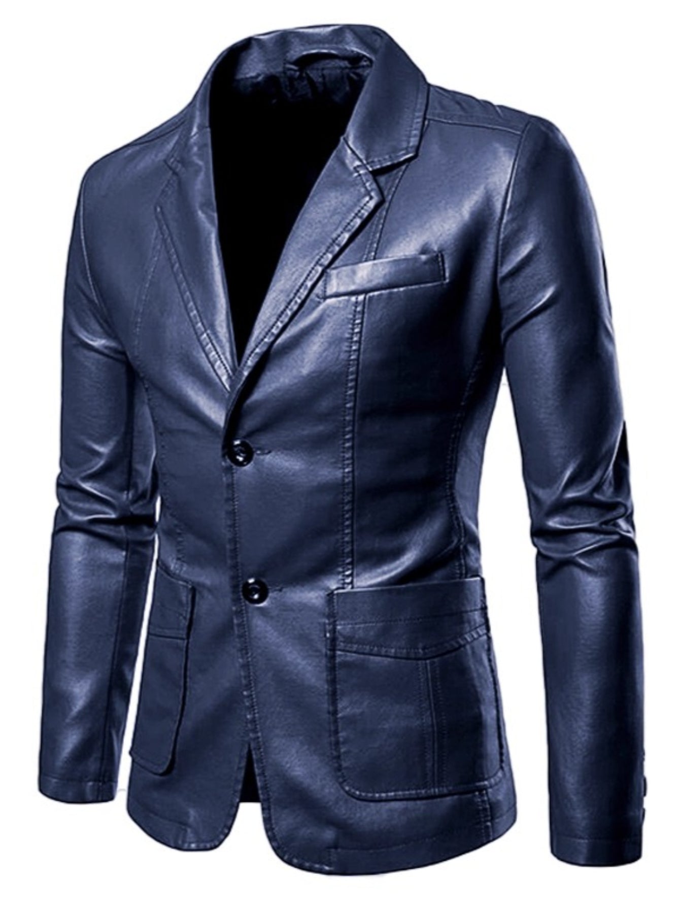Men'S Spring & Autumn Elegant Gentleman Light Business Faux Leather Lapel Suit-Style Faux Leather Jacket | Trendy and Sophisticated Outerwear for Important Outdoor Occasions, Button Closure, Lining, Solid Color