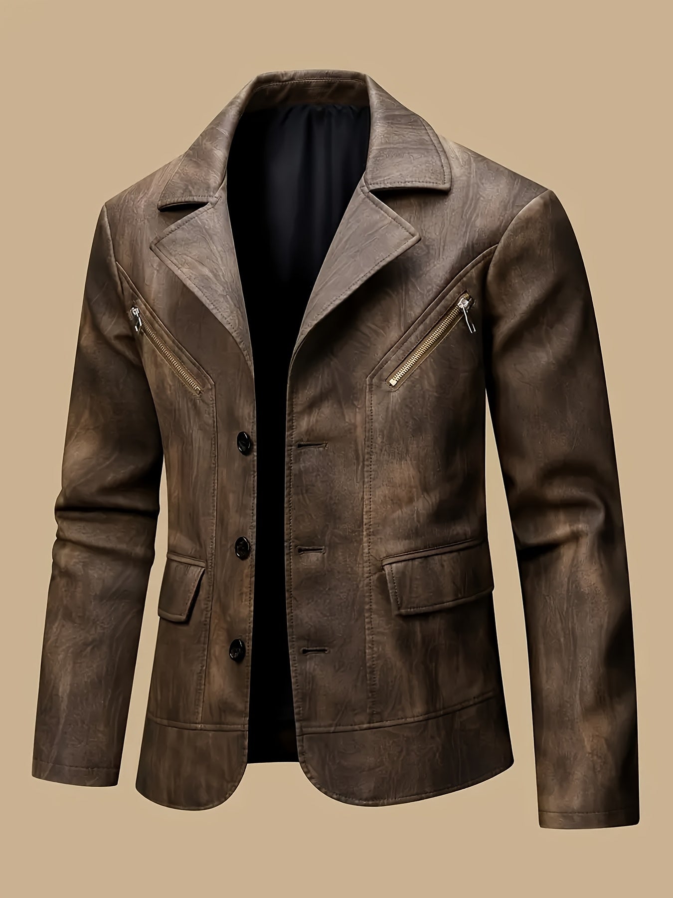 Men's Vintage Full-Breed Peel Soft Blazer Jacket with Collar & Full-Pocket Motorcycle Suit Coat for Business/Casual Wear, Windproof Outer Jacket (), Autumn/Winter